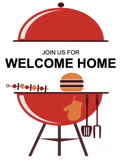 Grill artwork with text JOIN US FOR WELCOME HOME