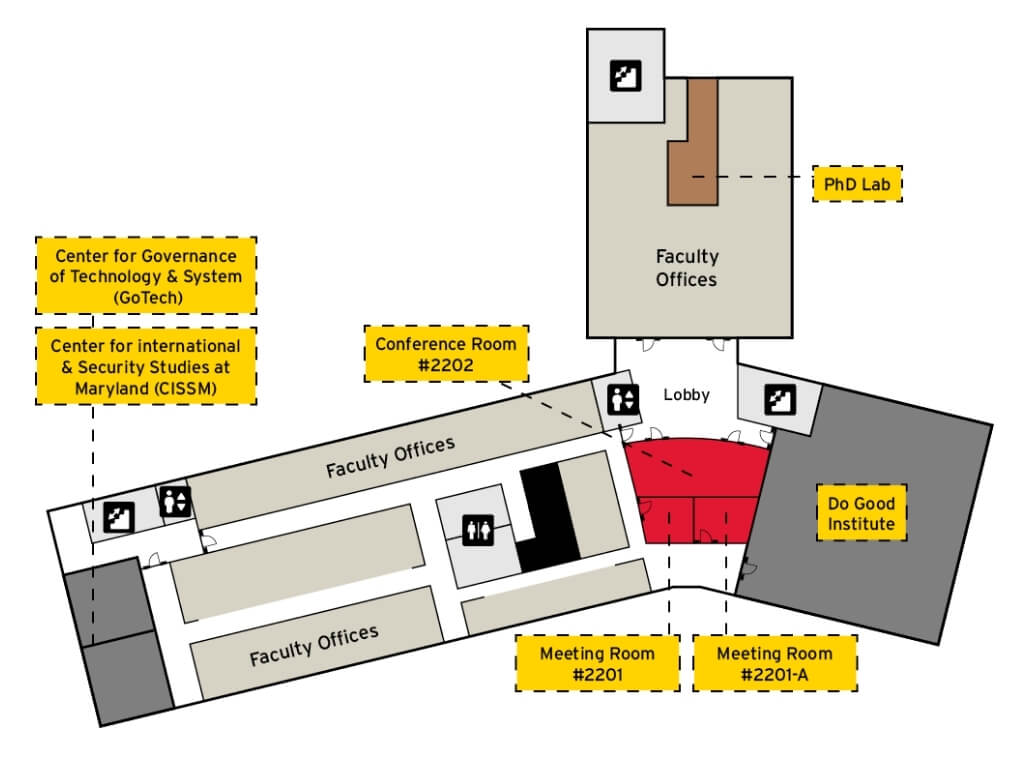wayfinding map of second floor of Thurgood Marshall Hall