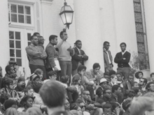 Black and white image of Black Student Union students in the 1960s standing on the steps of a building on UMD's campus
