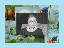 Supreme Court Justice Ruth Bader Ginsburg's photo on a colorful collage background