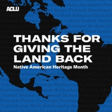 "Thanks for Giving the Land Back" text on a blue and black background map of the USA and South America