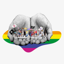 Graphic of two hands in black and white holding a colorful illustration of a pride march