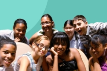 Image of teens of a variety of ethnicities on a teal background. 