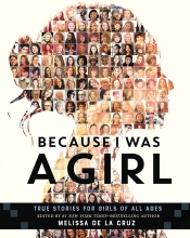 Cover of "Because I Was a Girl", a girl's profile filled with smaller photos of other women on a white background