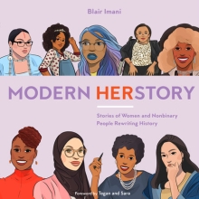 Cover of "Modern HERstory" book with illustrated images of influential women and non-binary people on a purple background