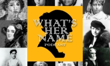 "What's Her Name" in white writing on top of a yellow box with a background of black and white photos