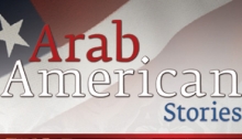 Background of an American flag with "Arab American Stories" in red, white, and blue writing