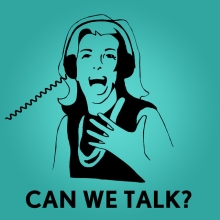 Drawing of a woman with headphones on on a teal background with "CAN WE TALK?" in black lettering at the bottom