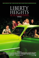 A group of teens leaning on a green car on a black background with "LIBERTY HEIGHTS" written in white lettering above
