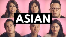 Screenshot from video with six people of APIDA ethnicity on a pink background with "ASIAN" in white lettering on a black background in the center