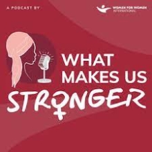 red background with side profile of a woman and words "what makes us stronger"