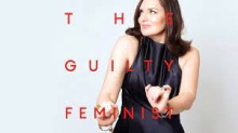 woman in black dress against white backgrounds with text "the guilty feminist" superimposed across in red lettering