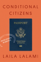 orange background with blue passport book image in middle and words "Conditional Citizens" on top 