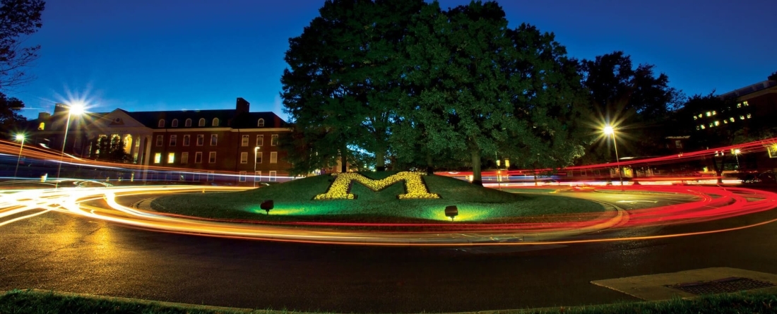 M Circle at night with lights