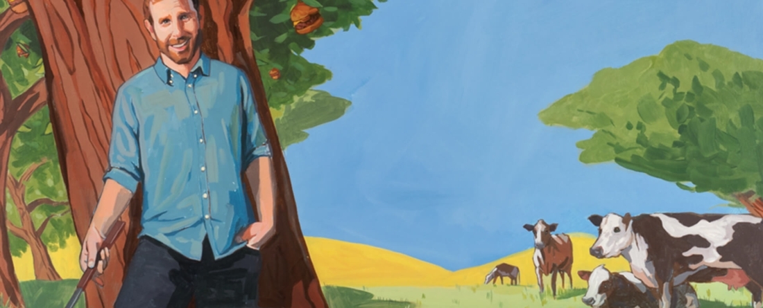 Illustration of Ethan Brown on farm with cows