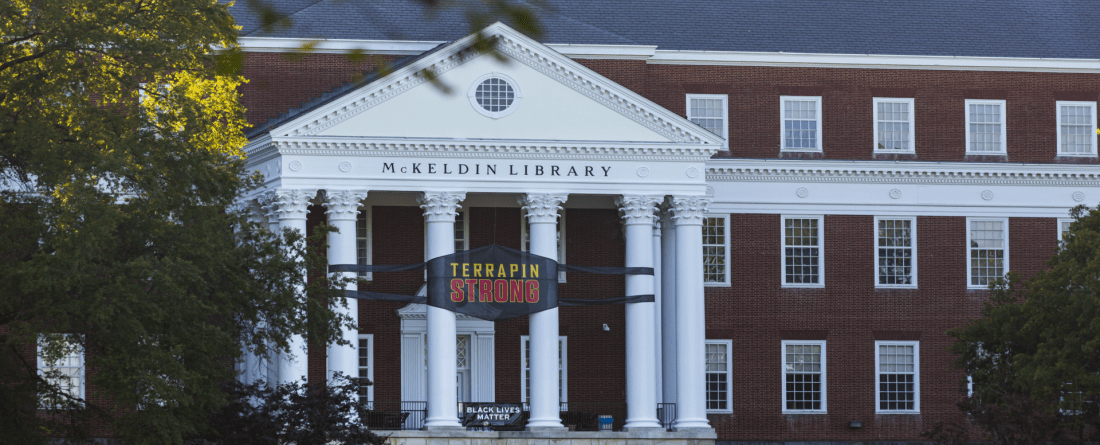 McKeldin Hall Library with a Terrapin Strong and Black Lives Matter banner