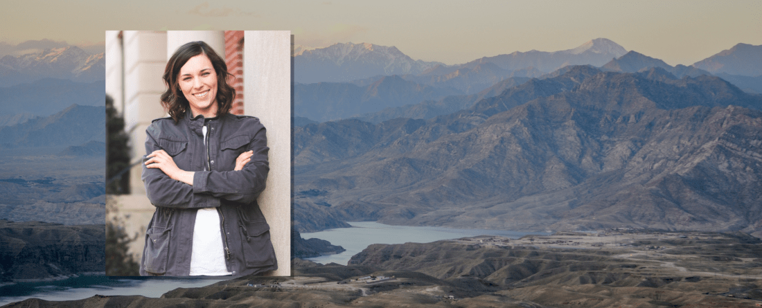 Headshot of Rachel Kester in front of mountains in Afghanistan