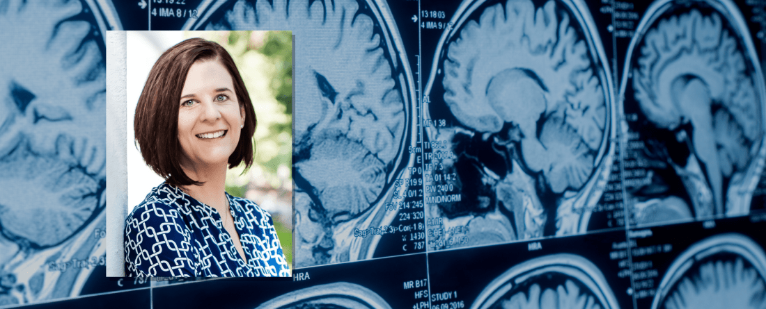 Katrina Walsemann's headshot on a background of an image of brain scans