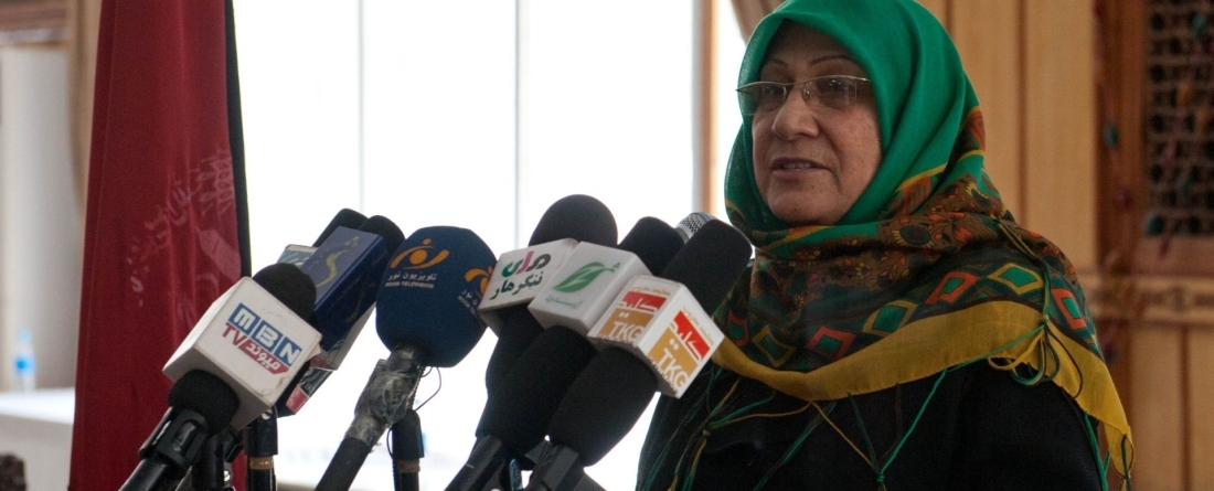 Sediqa Balkhi, a member of the Afghan High Peace Council, addresses a women's peace conference