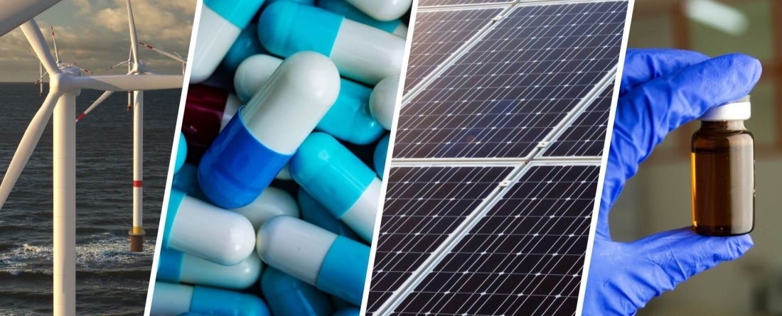 4 images: wind farm, pills, solar panels and gloved hand holding bottle