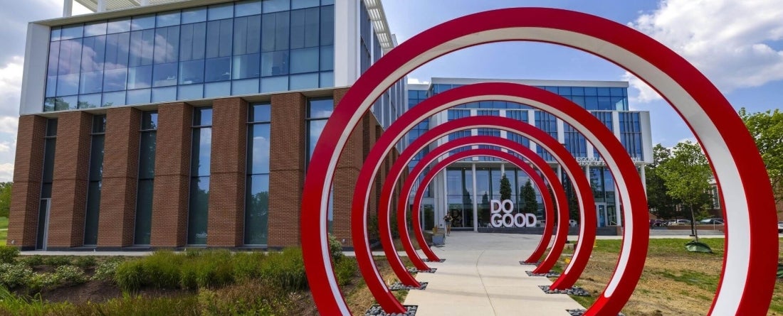 Do Good Plaza 5 red rings in courtyard