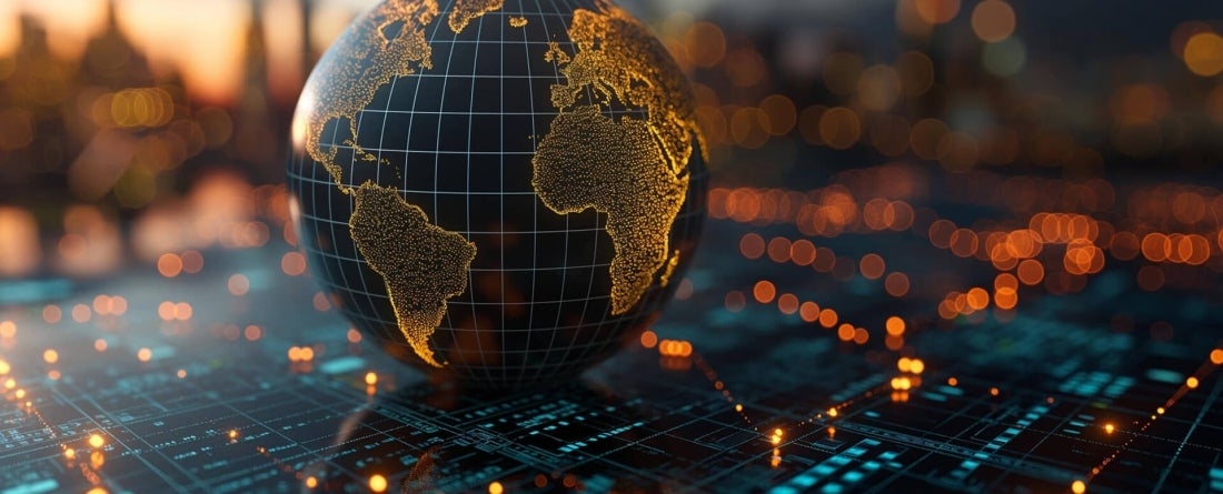 Artwork including a globe seated on a digital foundation with a skyline at dusk in the background