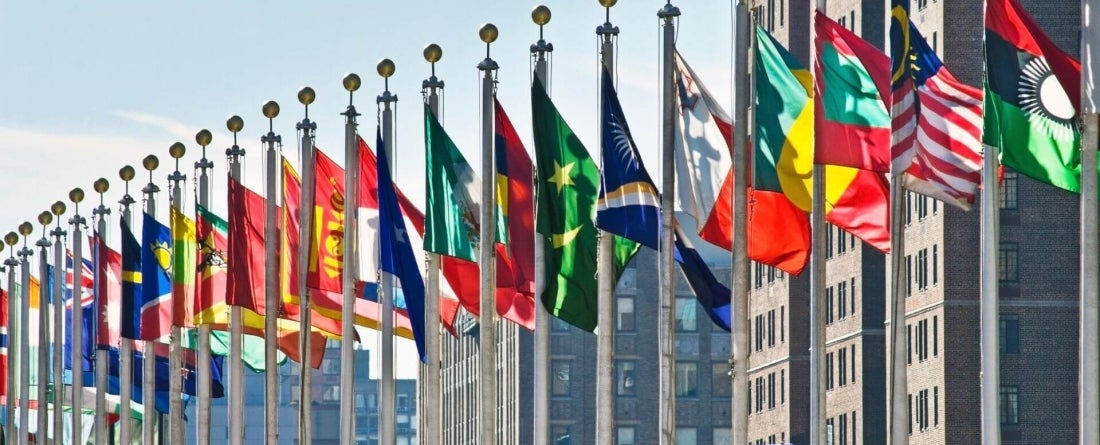 image of flags flying at UN headquarters in New York