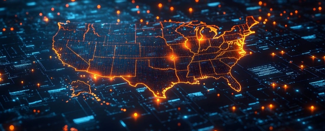 AI generated image of U.S. map featuring protective cybersecurity icons over major cities, symbolizing vigilant safeguarding and continuous monitoring of critical national data resoures