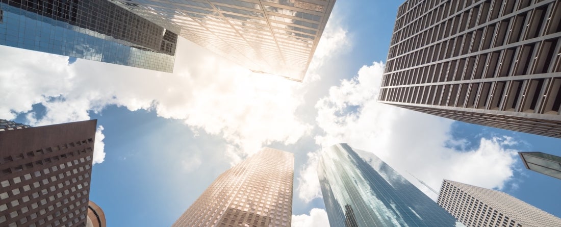 View of skyscrapers from below.
