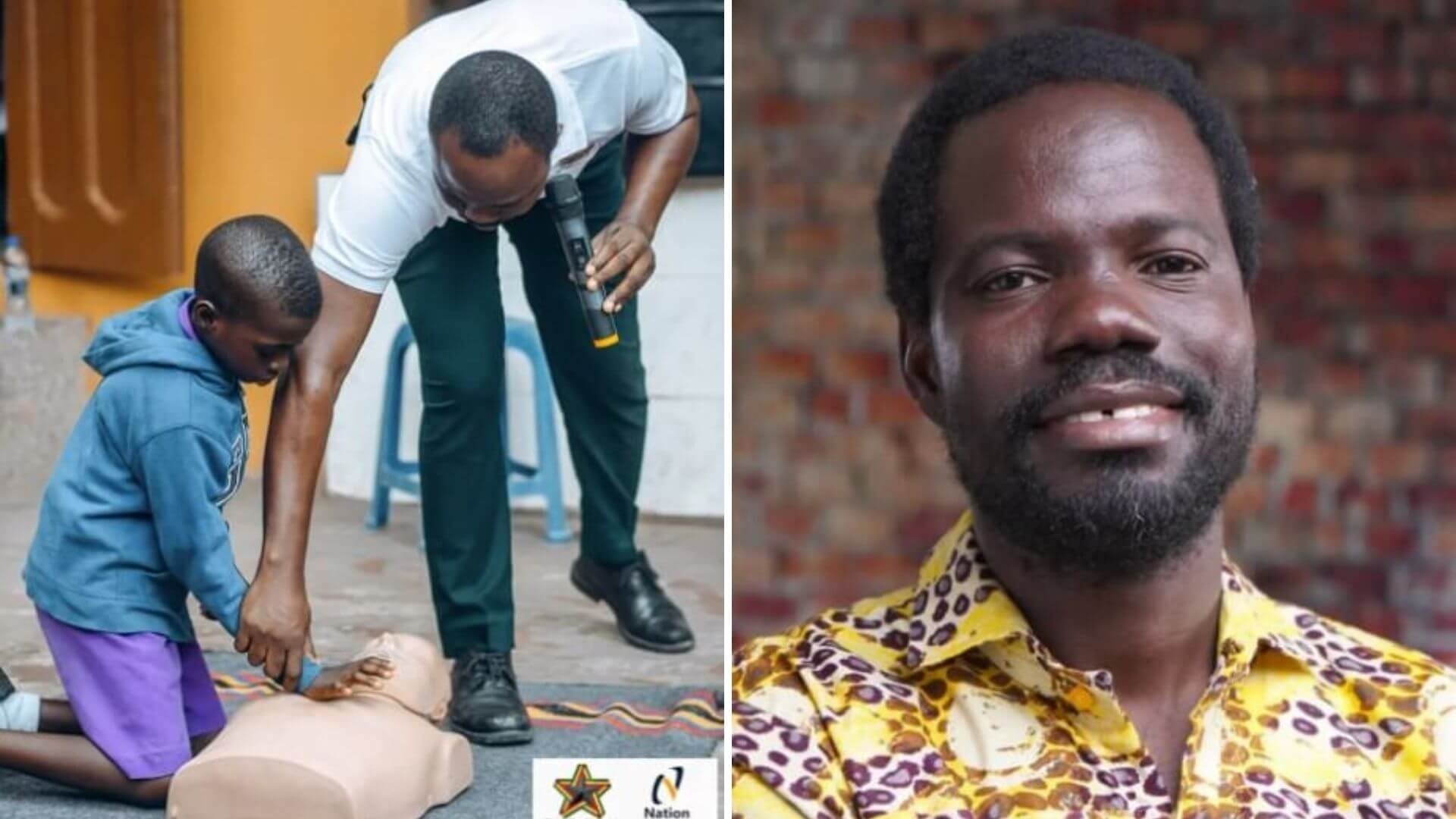 2 images: man teaching child how to do CPR on dummy; headshot of Ebenezer Mensah