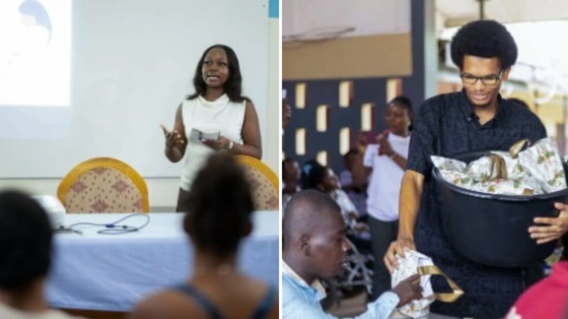 left image: woman in white dress stands at a table speaking; right image: man in black shirt carries black container filled with bags an hands them out to room full of people sitting at tables