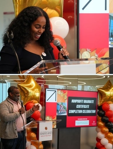 Melen and Freeman speaking at a podium 